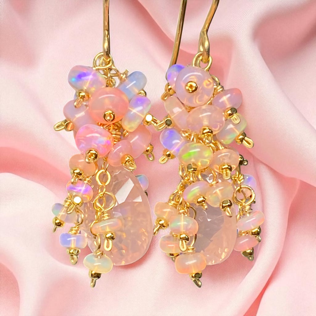 Pink Opal Cluster Earrings Rose Quartz Concave Cut Briolette Earrings Gold