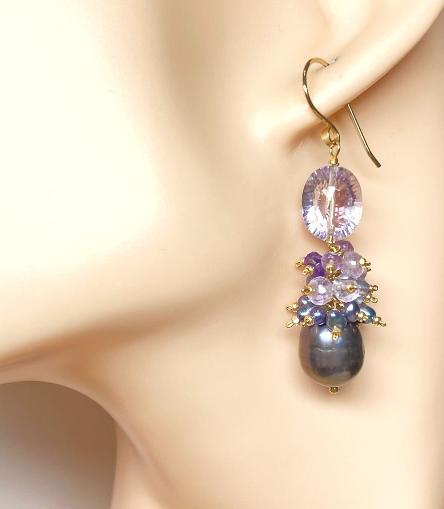 Amethyst Cluster Peacock Baroque Pearl Earrings Gold