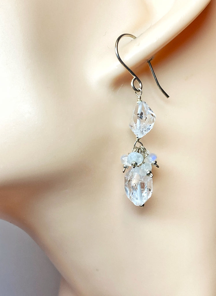 Herkimer Diamond Crystal Quartz, Moonstone and Sterling Silver Dangle Earrings
