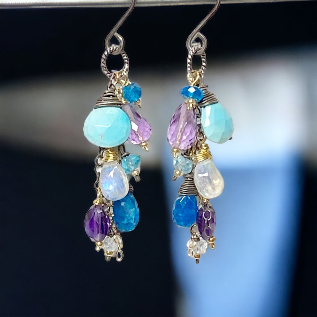 Sleeping Beauty Turquoise Dangle Earrings with Moonstone, Amethyst in Mixed Metals
