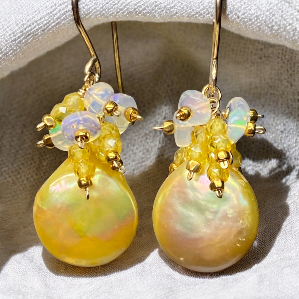 Yellow Coin Pearl Earrings with Opal Clusters Gold Fill