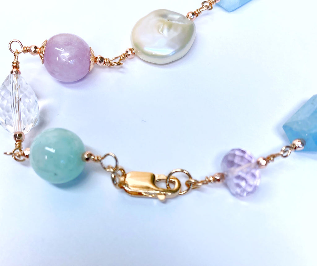 Long Multi Gemstone Pearl Necklace Aquamarine Amethyst Kunzite Rose Gold Fill