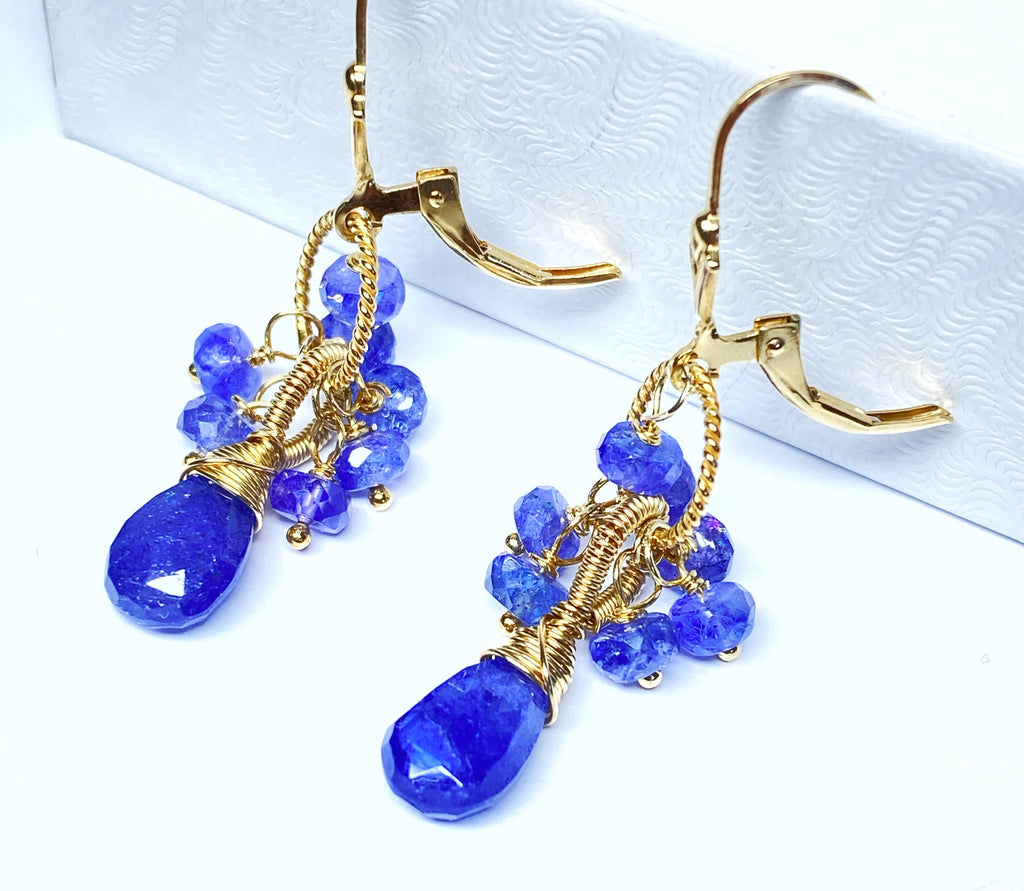 Tanzanite Cluster Earrings Gold Fill Dangle Earrings