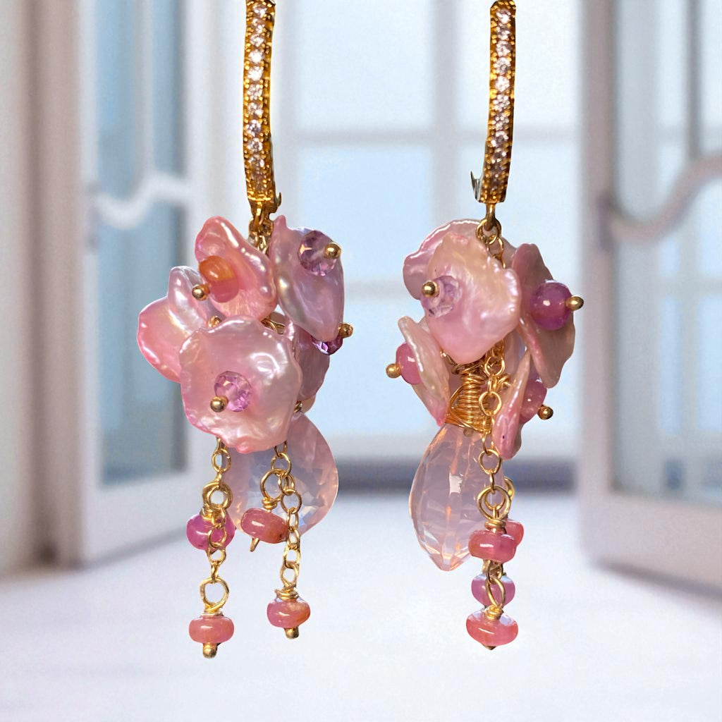 Rose Quartz Pink Keishi Pearl Cluster Earrings