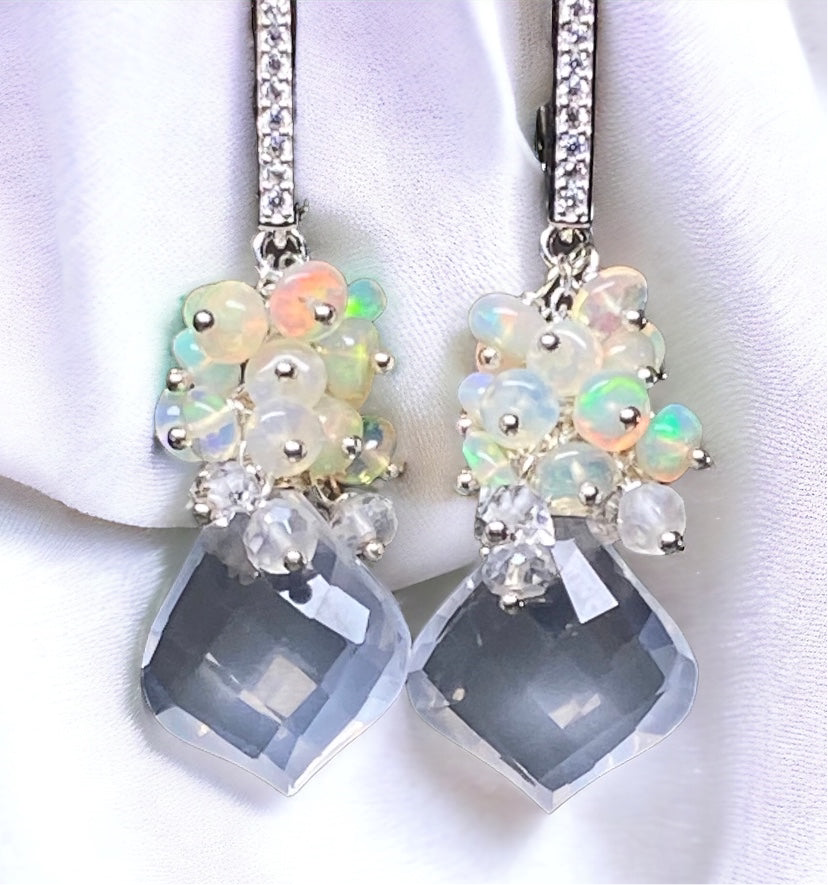 Opal Cluster Crystal Quartz Leverback Earrings