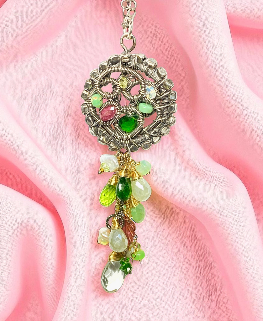 Boho Gemstone Pendant Oxidized Silver Pink Tourmaline, Opal, Green Gems