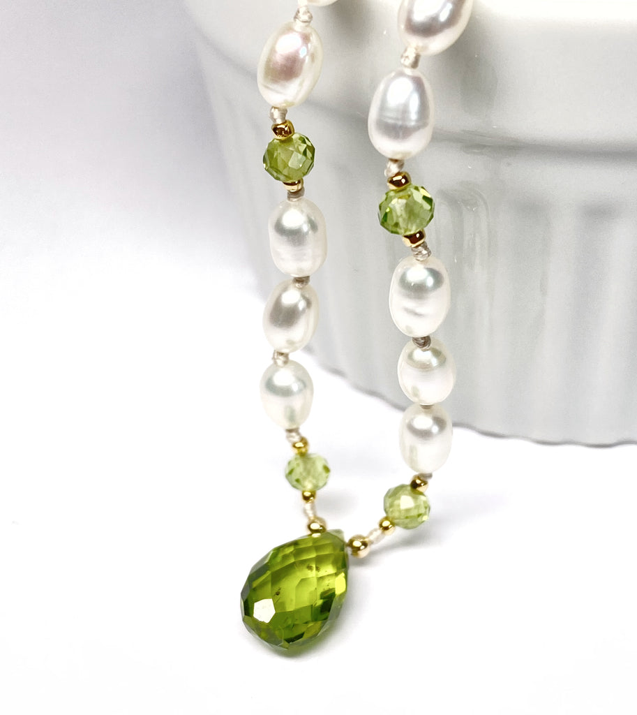 Peridot Gemstone and Pearl Pendant Necklace on 14 kt Gold Fill
