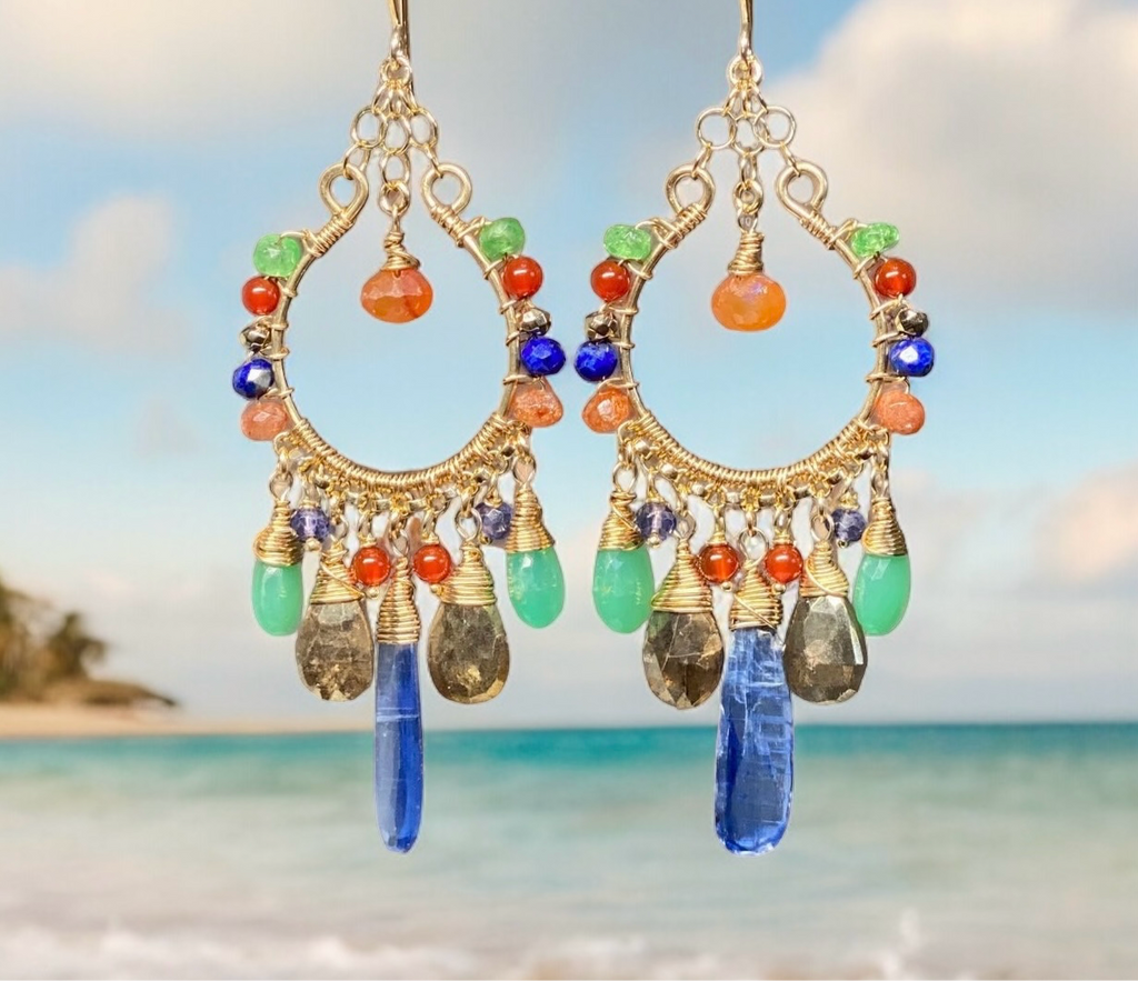 Colorful Chandelier Earrings Gold Fill Kyanite Carnelian Chrysoprase Lapis