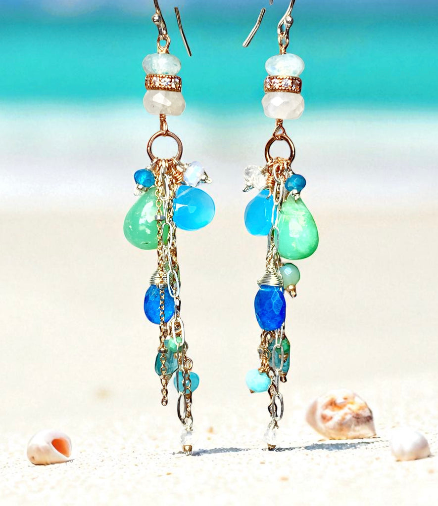 Rose Gold Long Boho Dangle Earrings Mixed Metal with Chrysoprase, Blue Chalcedony and Moonstone