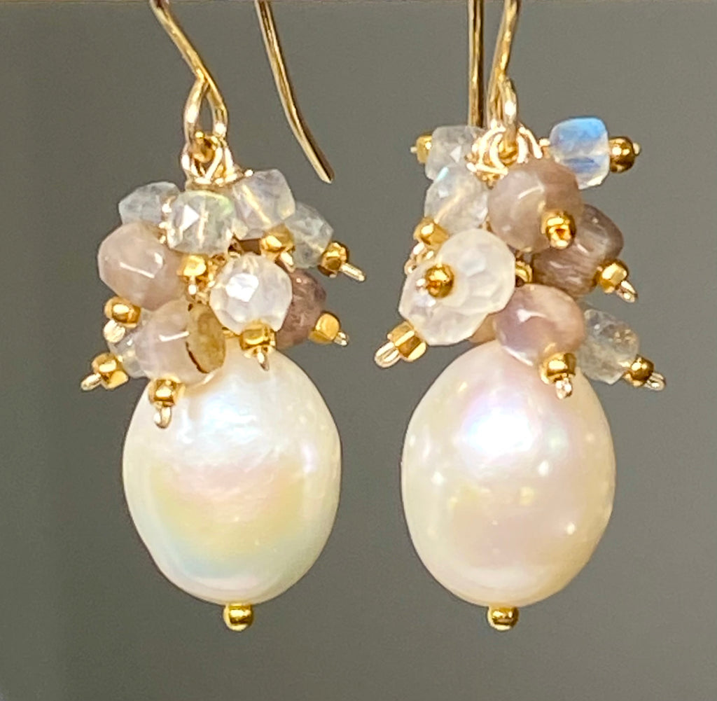 Pearl Cluster Earrings with Labradorite, Chocolate Moonstone Gold Fill or Sterling Silver
