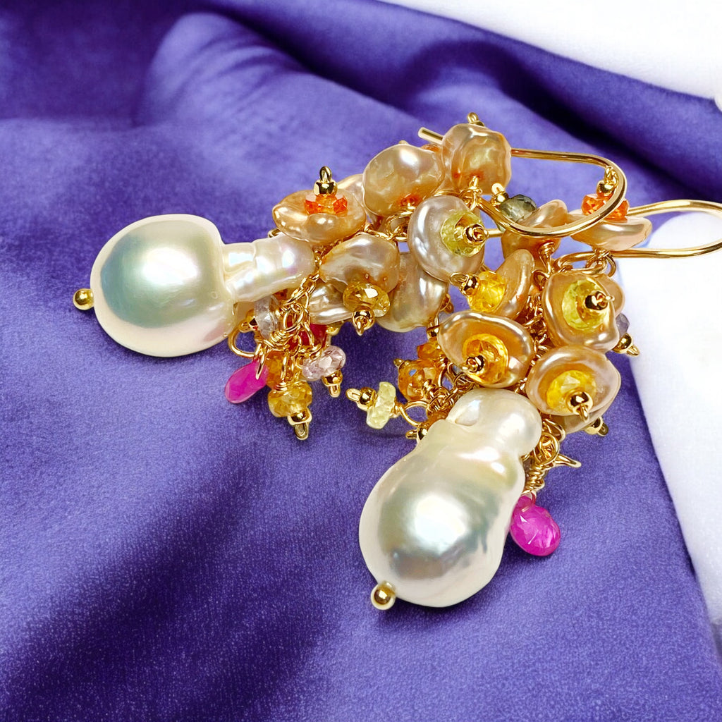 Baroque Flameball Pearl Earrings with Clusters of Sapphires and Keishi Pearls Gold Fill