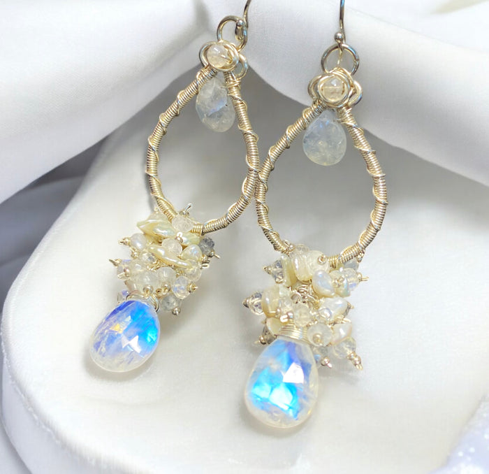 Moonstone Pearl Bridal Earrings Keishi Pearl Crystal Sterling Silver