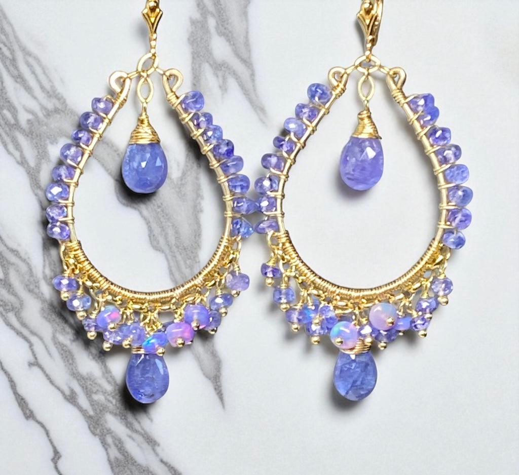 Tanzanite and Opal Hoop Earrings in Gold Fill