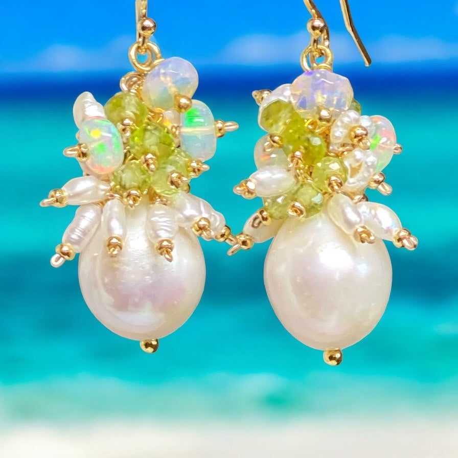 Peridot, Opal, Pearl Cluster Earrings Gold Fill 2