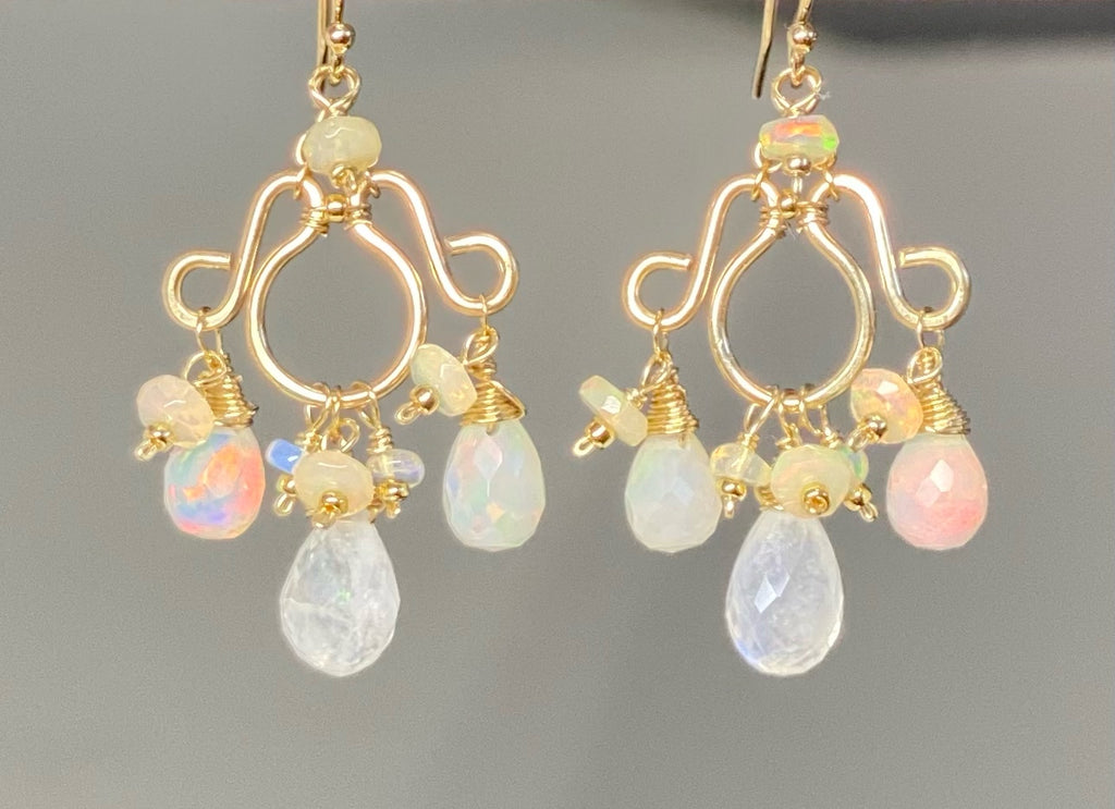 Ethiopian Opal and Moonstone Gemstone Chandelier Earrings Statement Gold Fill