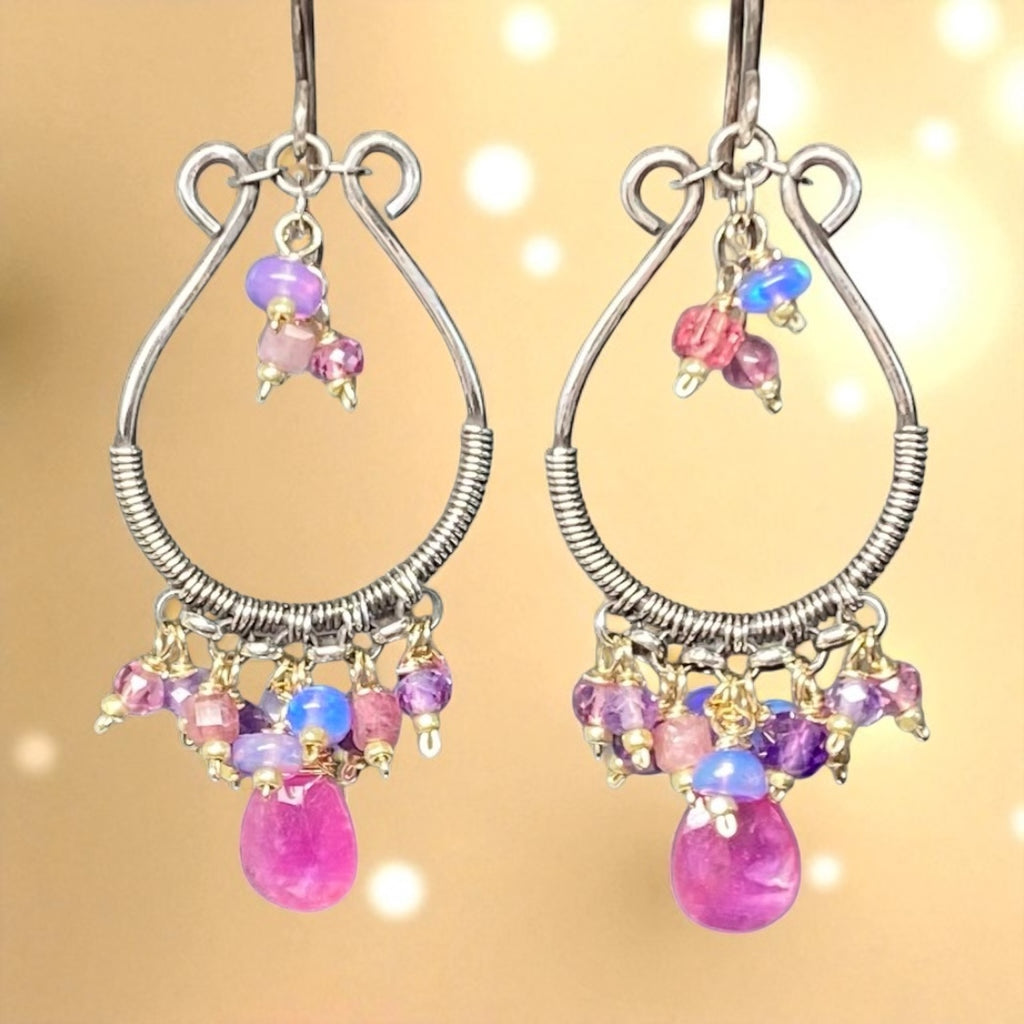 Pink Sapphire Oxidized Silver Hoop Chandelier Earrings, Mixed Metals 3