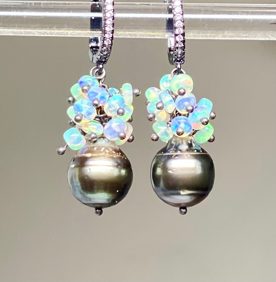 Tahitian Pearl and Opal Cluster Earrings Oxidized Sterling Silver