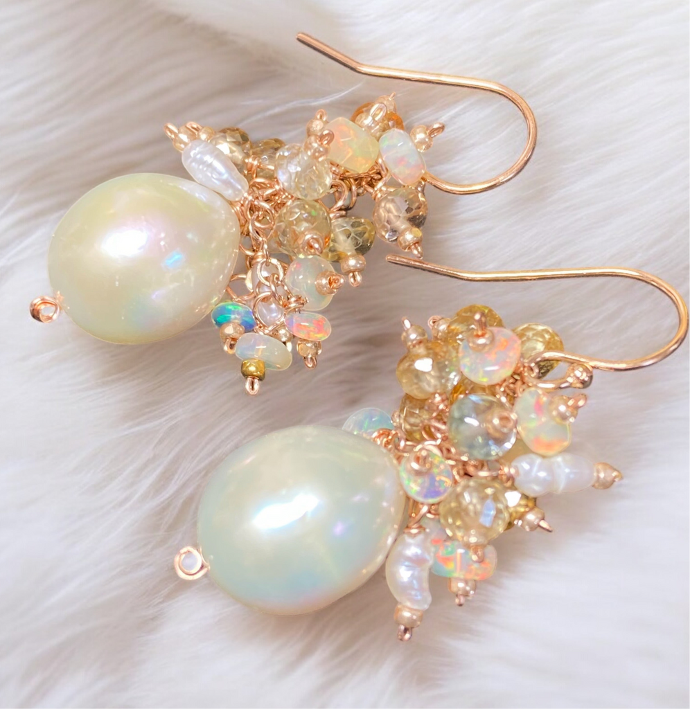 Natural Zircon Gemstone, Opal and Pearl Cluster Earrings, Rose Gold Fill