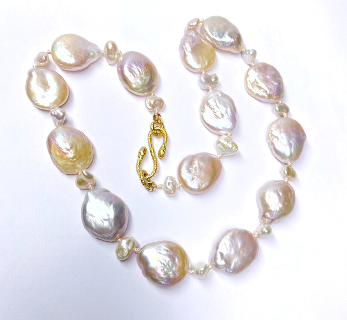 Statement Coin Pearl Necklace with Keishi Pearls, Silk Knotted