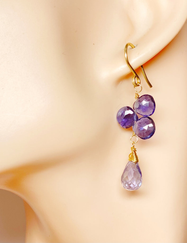 Blue Violet Gemstone Dangle Earrings Gold Fill