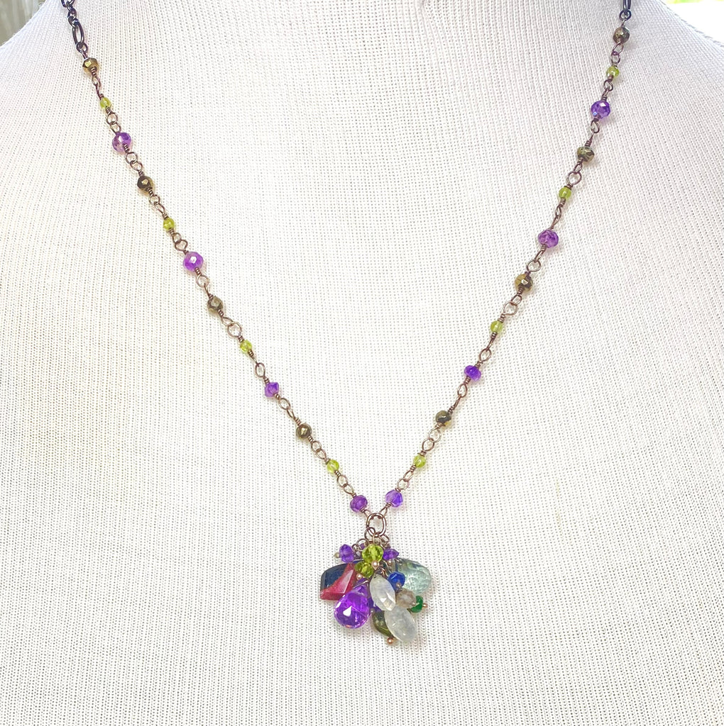 Amethyst, Tourmaline Gem Cluster Pendant Necklace, Rosary Style, Oxidized Silver