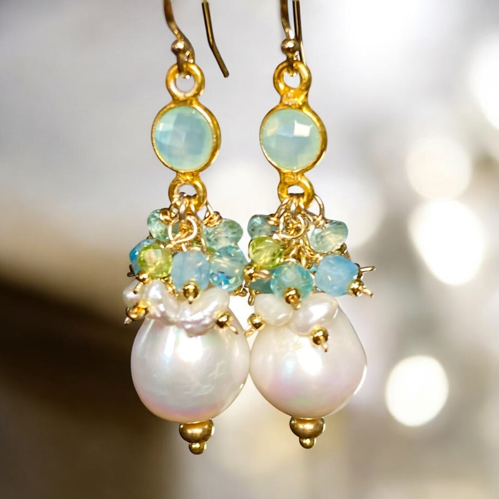 Pearl Cluster Earrings with Peridot, Aquamarine, Apatite in Gold