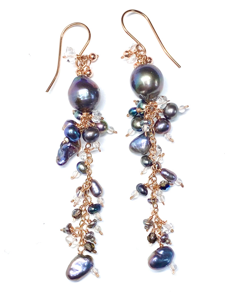 Black Peacock Pearl and Herkimer Crystal Dangle Earrings Rose Gold