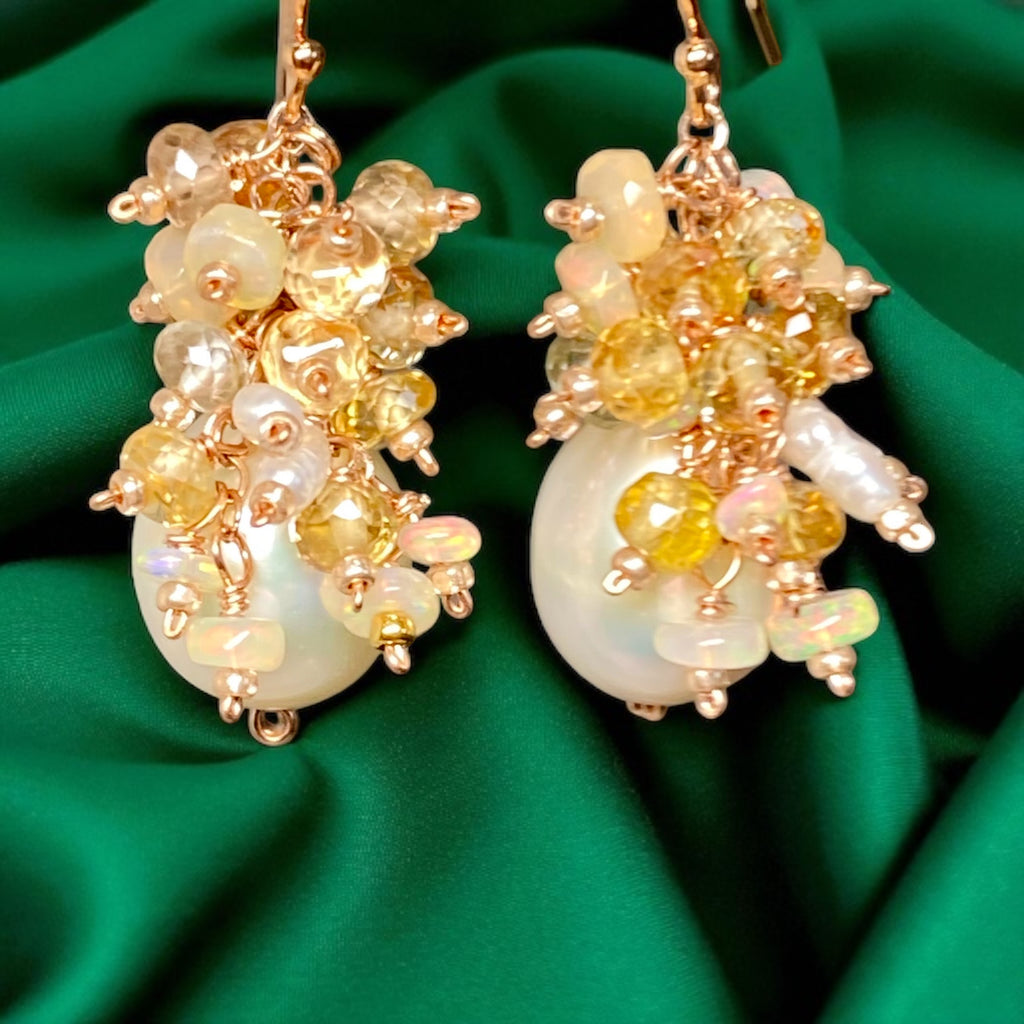 Natural Zircon Gemstone, Opal and Pearl Cluster Earrings, Rose Gold Fill
