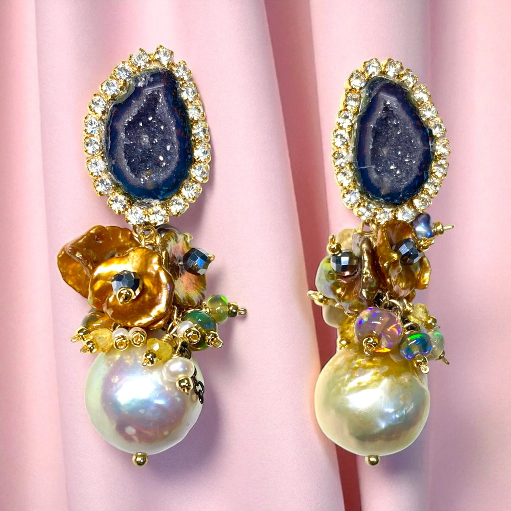 Black Tabasco Geode Pond Slime Pearl Dangle Earrings Diamond Look