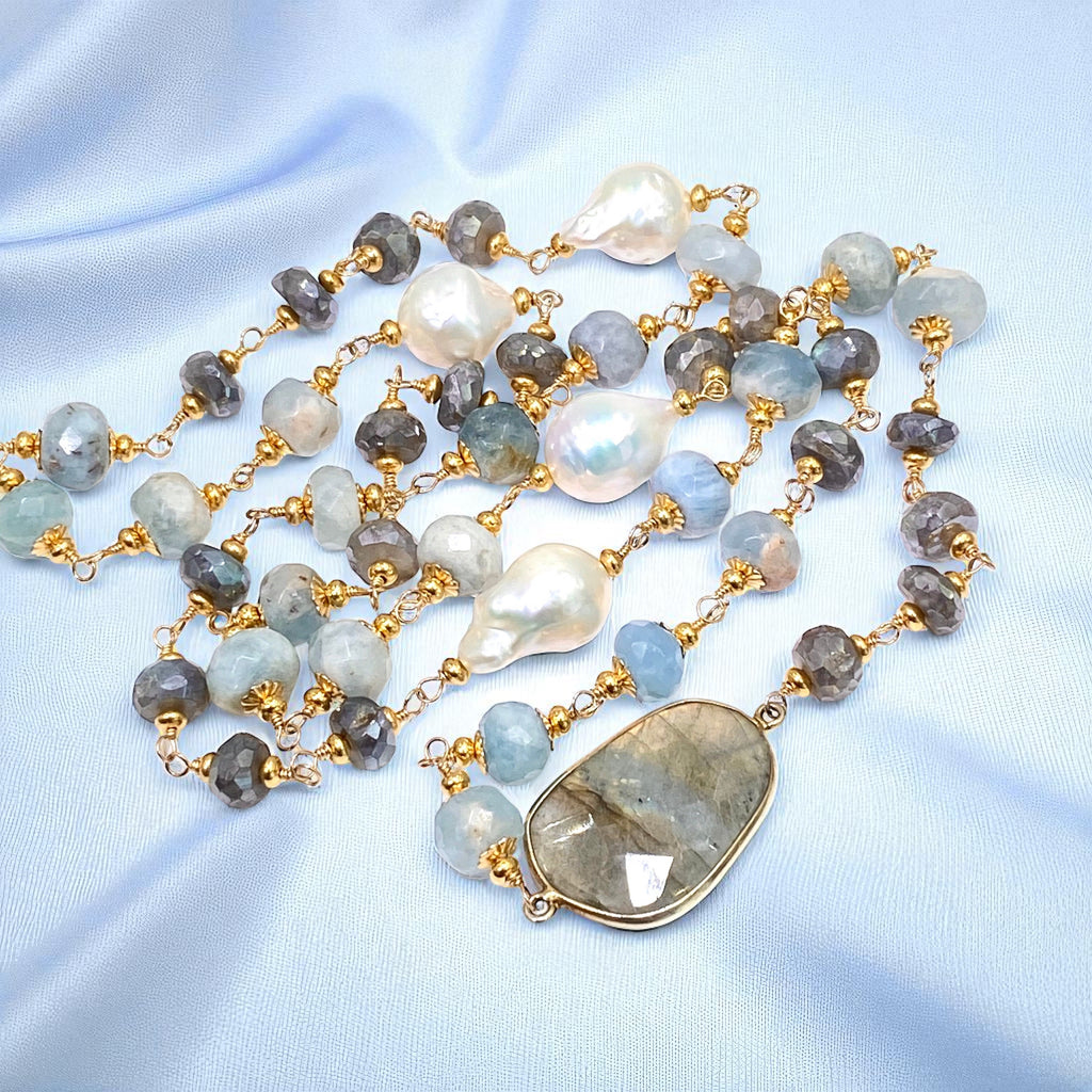 Aquamarine, Labradorite, Pearl Long Wire Wrapped Necklace