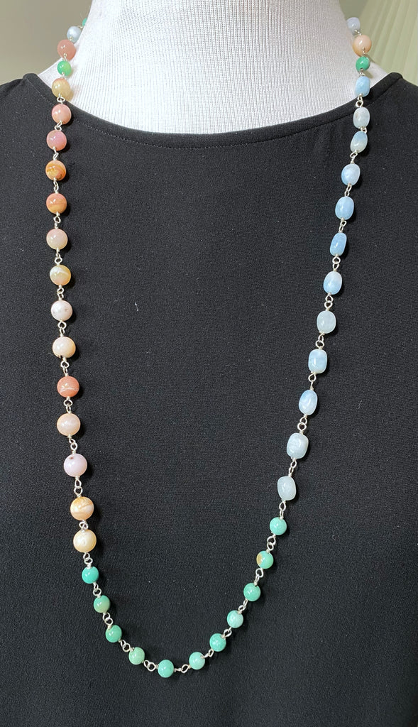 Multi-color Gemstone Necklace Wire Wrapped Opal Chrysoprase Aquamarine