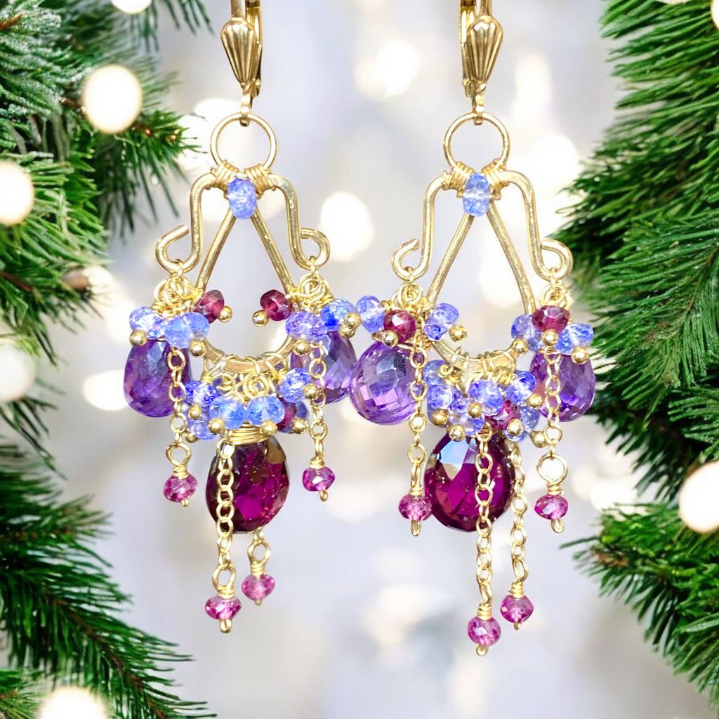 Garnet Amethyst Tanzanite Gold Multicolor Chandelier Earrings