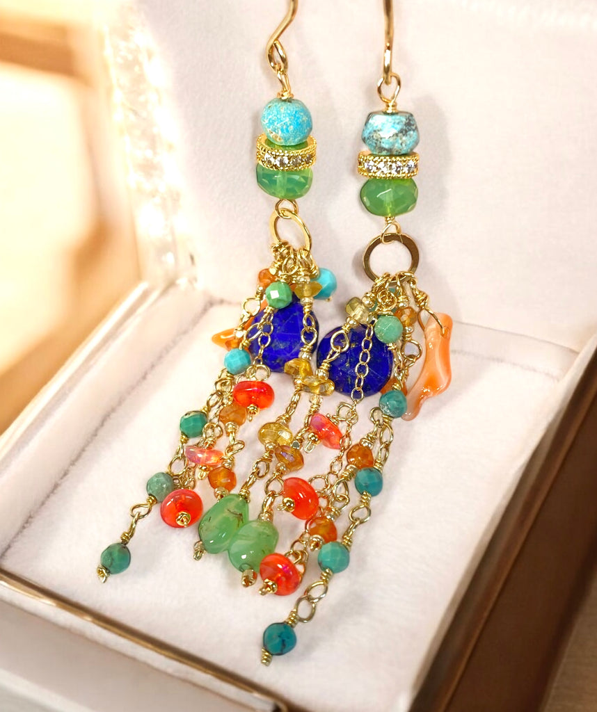 Blue Lapis Dangle Earrings Boho Style with Coral, Chrysoprase, Turquoise, Carnelian Gold Fill