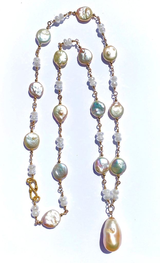 Blush Baroque Pearl Mystic Moonstone Long Sautoir Rosary Necklace Gold Fill