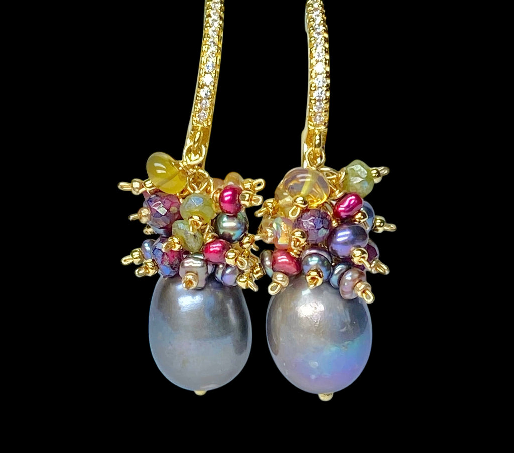 Grey Pearl Earrings with Colorful Gemstone Clusters in Sterling Silver
