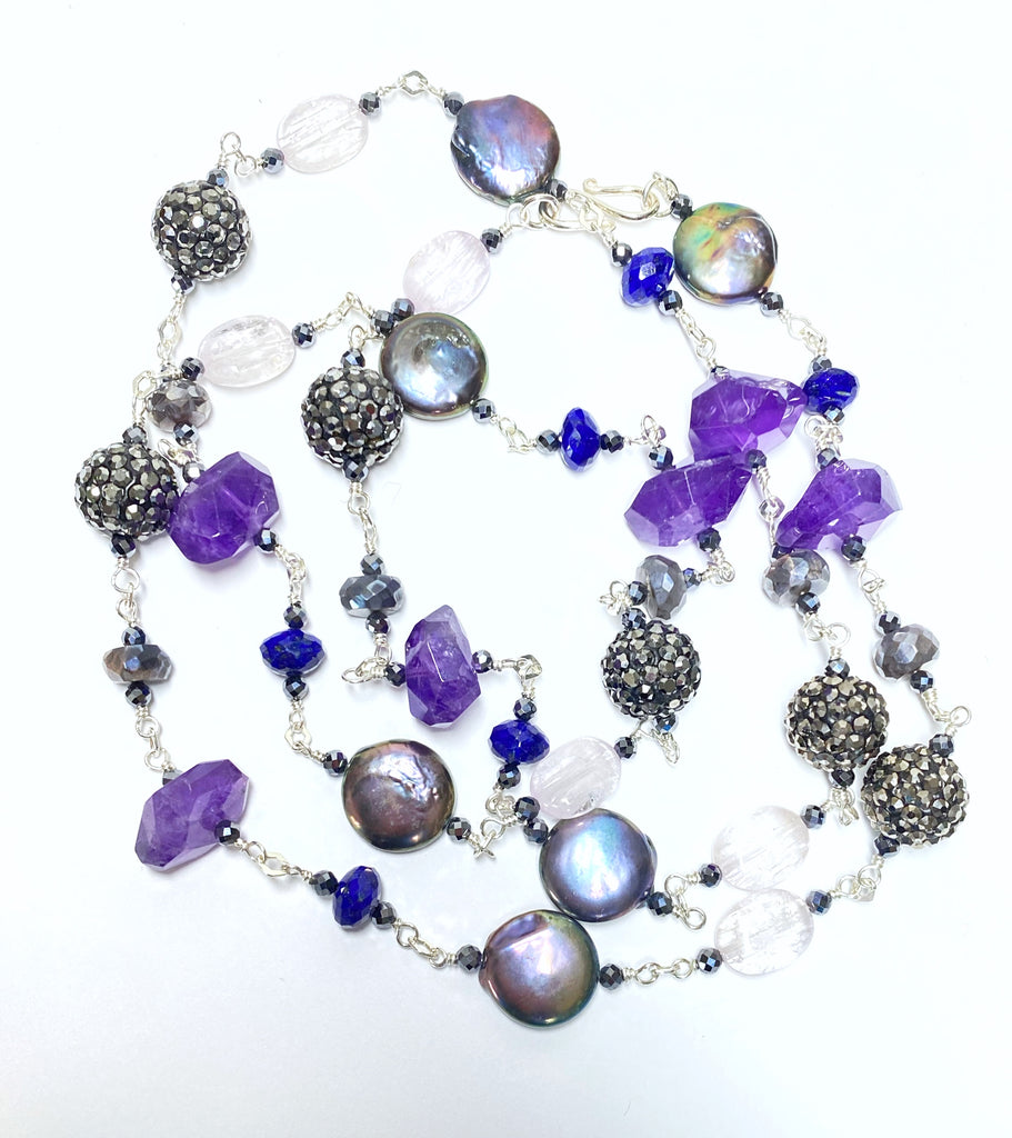 Long Blue Violet Necklace Amethyst Kunzite Coin Pearl Sterling Silver 2