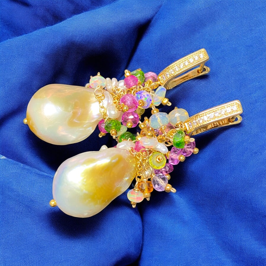 Pond-slime Baroque Pearl and Gemstone Cluster Earrings with Violet Sapphire