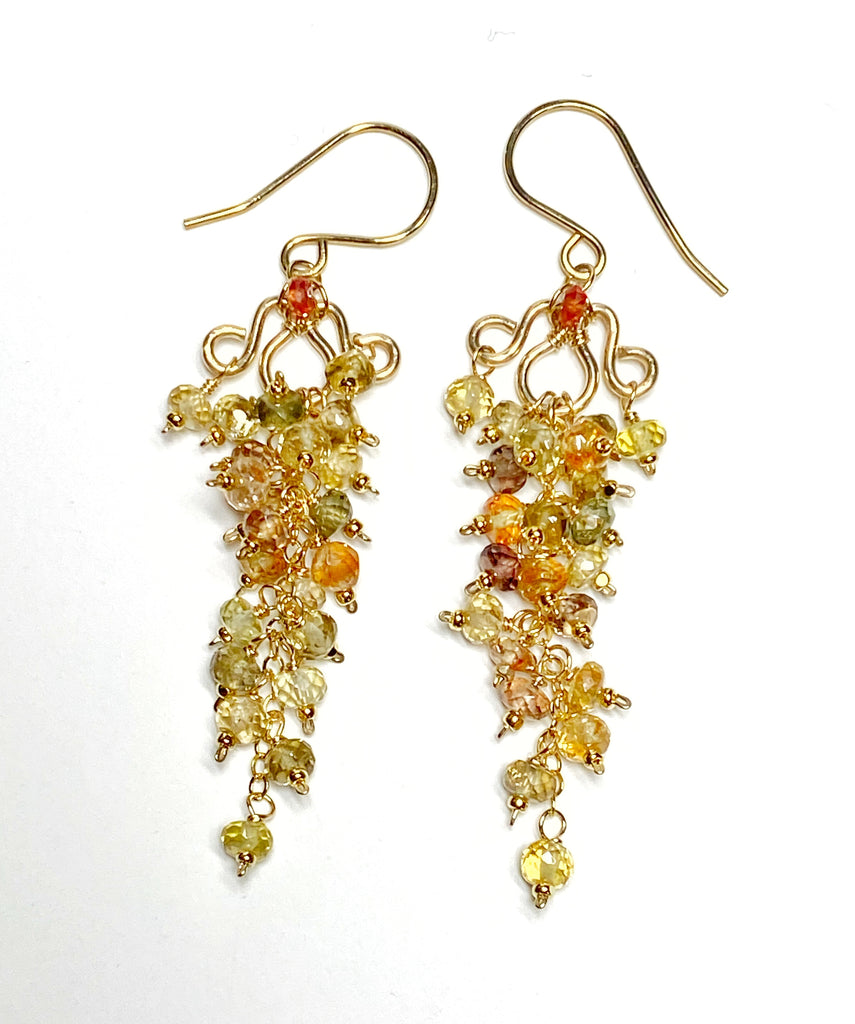 Natural Gemstone Zircon Cluster Dangle Earrings Gold Fill