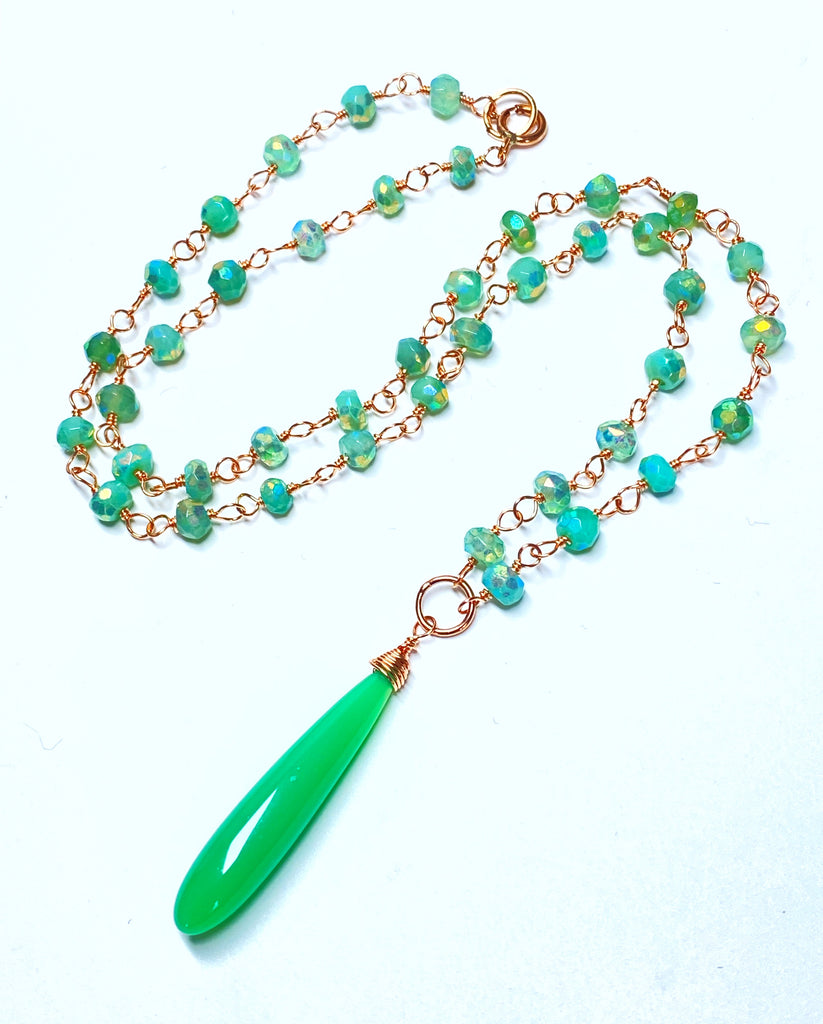 Green Chrysoprase, Rose Gold Wire Wrapped Pendant Necklace