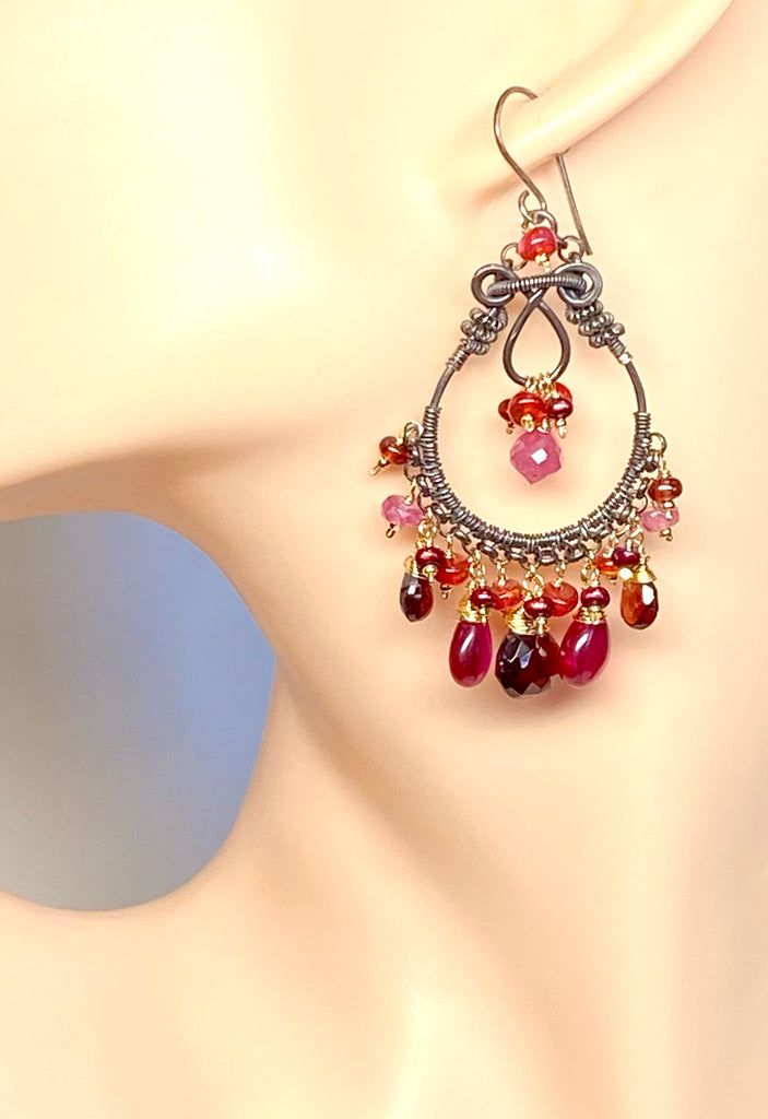 Red Gemstone Statement Chandelier Earrings, Garnet, Sapphire, Mixed Metal, Oxidized Silver