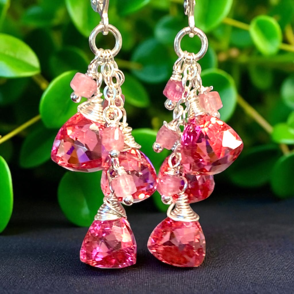 Pink Tourmaline and Quartz Dangle Earrings Sterling Silver