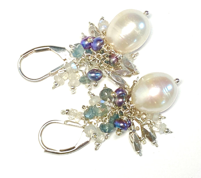 Moss Aquamarine and Pearl Cluster Earrings, Sterling Silver