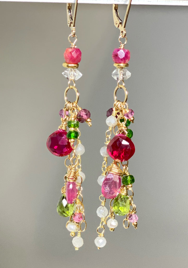 Gemstone Dangle Earrings - Pink Sapphire, Peridot, Ruby, Gold