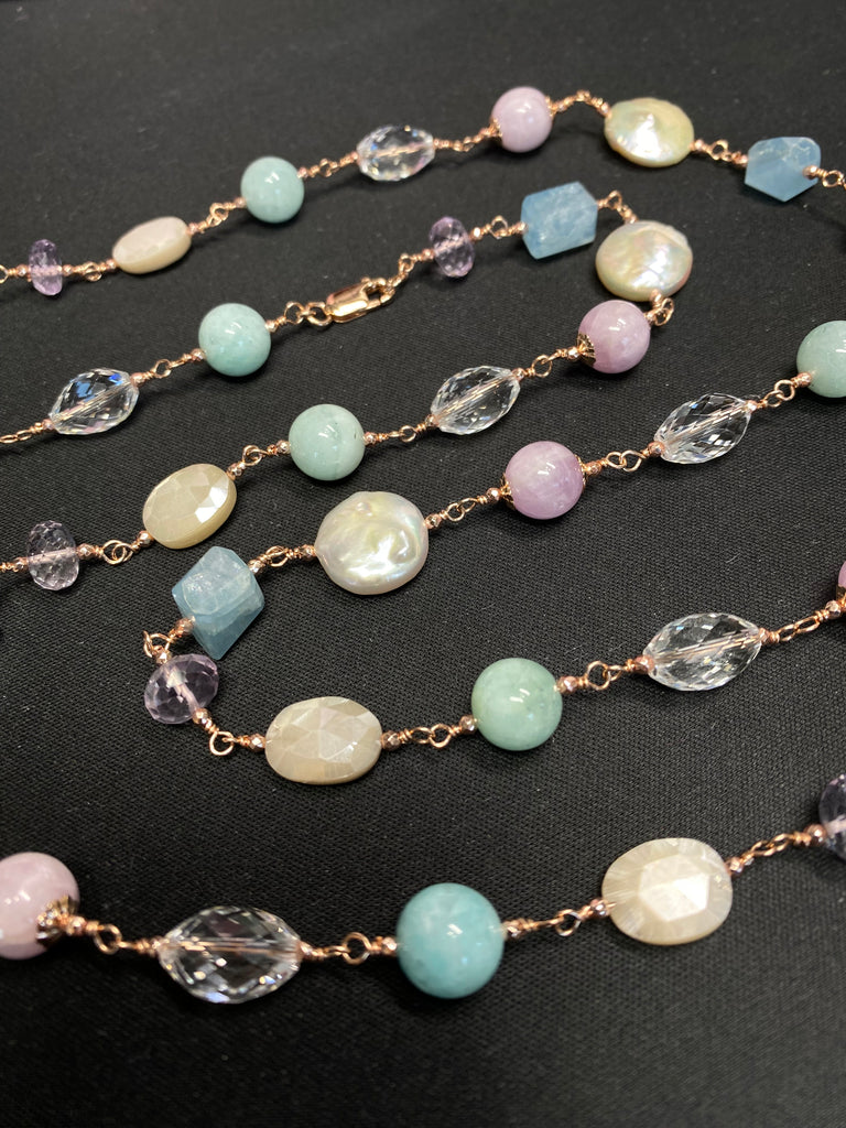 Long Multi Gemstone Pearl Necklace Aquamarine Amethyst Kunzite Rose Gold Fill
