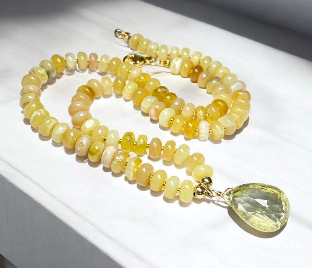 Lemon Quartz Gemstone Pendant on Yellow Opal Knotted Necklace, Gold Fill