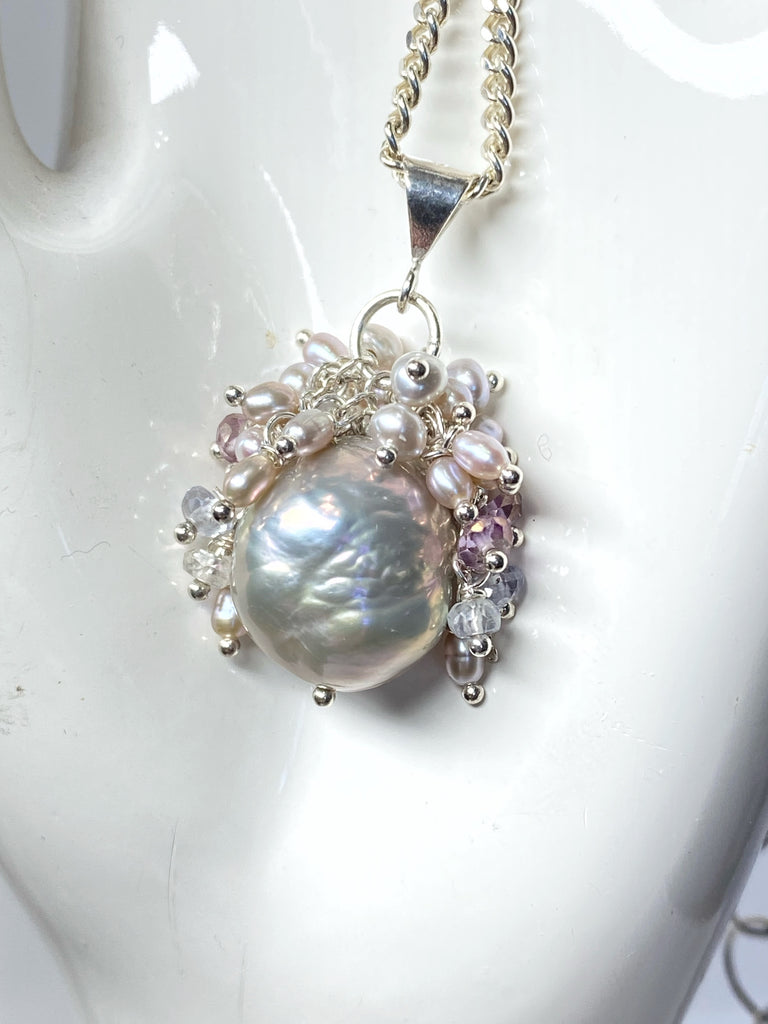 Silver Grey Baroque Pearl Cluster Pendant in Sterling Silver