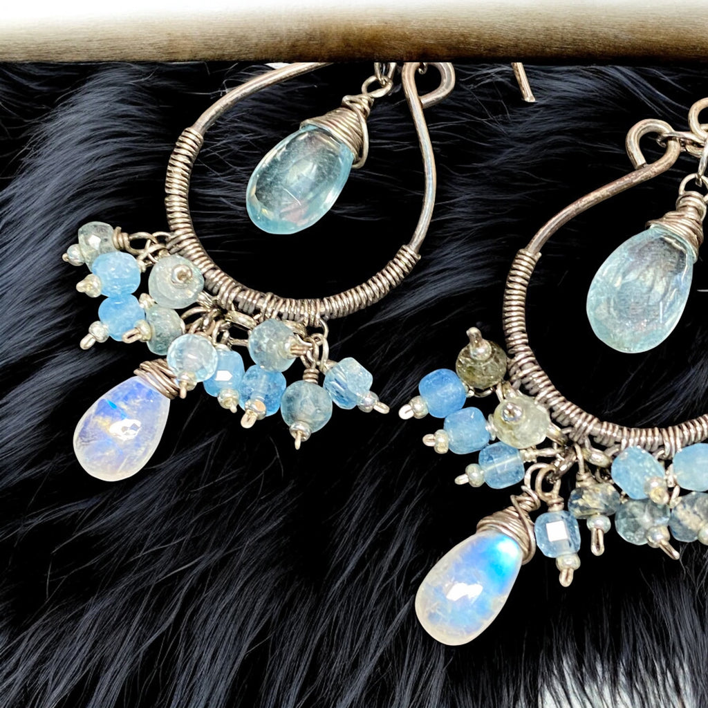 Aquamarine Oxidized Sterling Silver Hoop Chandelier Earrings