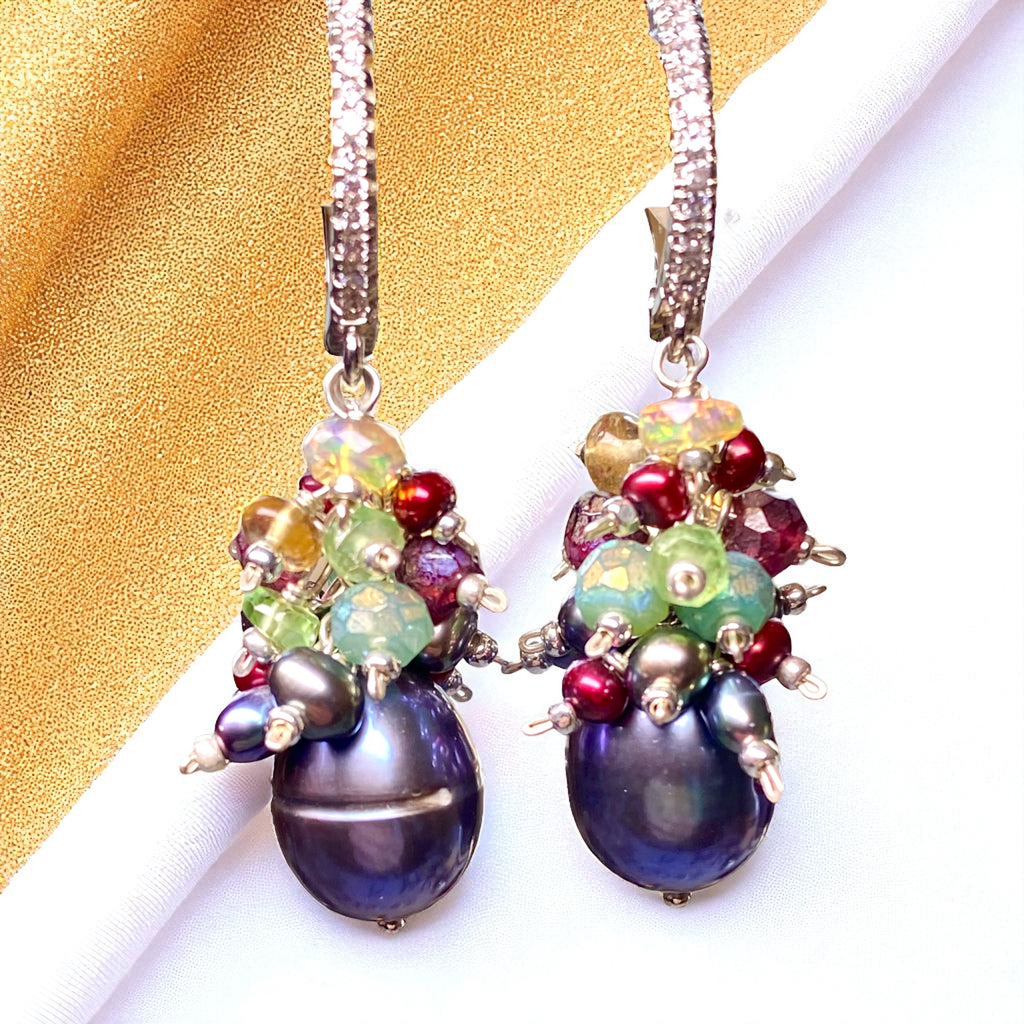 Grey Pearl Earrings with Colorful Gemstone Clusters in Sterling Silver