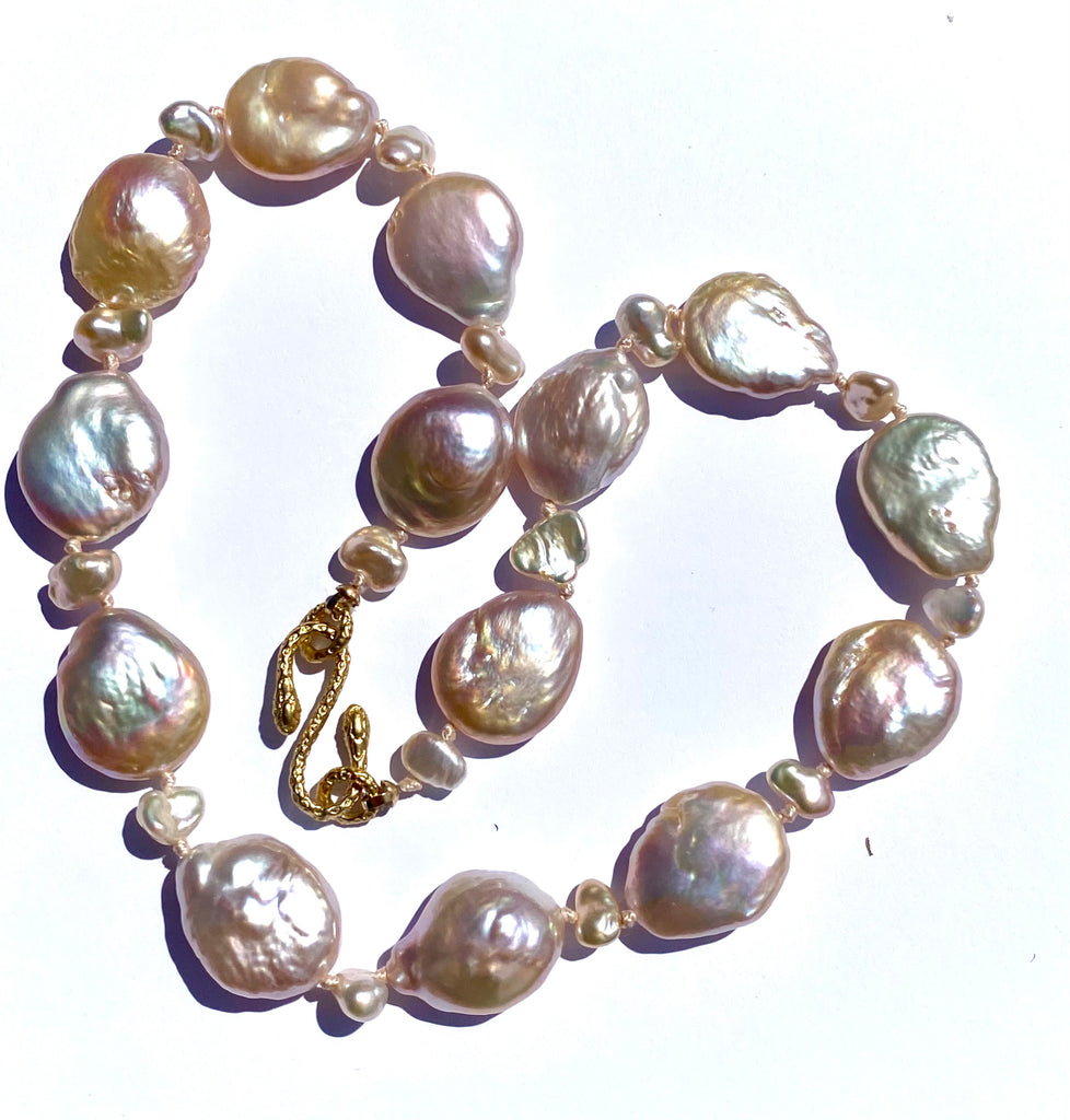 Statement Coin Pearl Necklace with Keishi Pearls, Silk Knotted