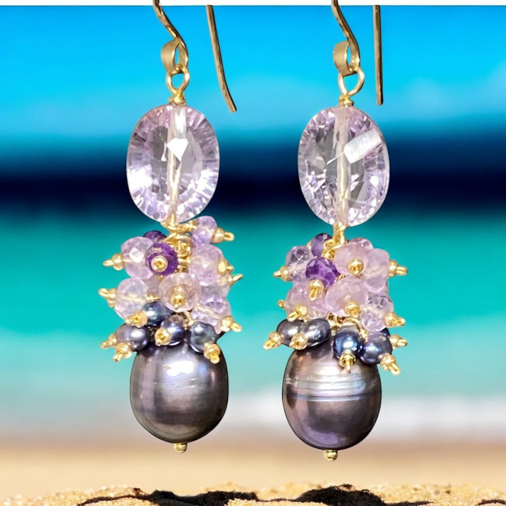 Amethyst Cluster Peacock Baroque Pearl Earrings Gold